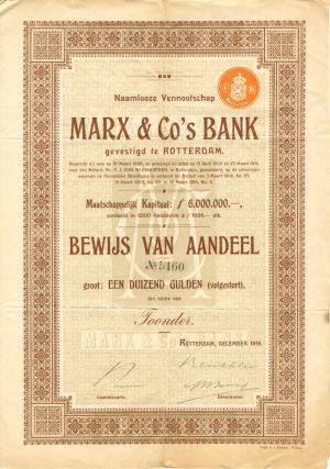 Marx and Co's Bank - Stock Certificate